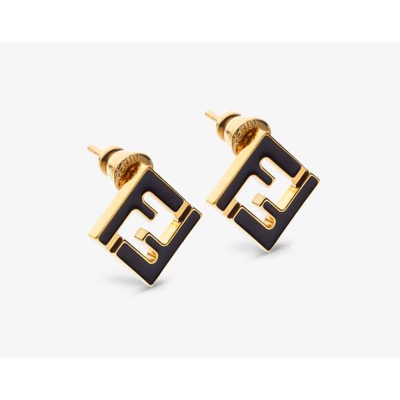 Fendi Forever FF Stud Post Back Metal Earrings Black Gold - Picture 1 of 5